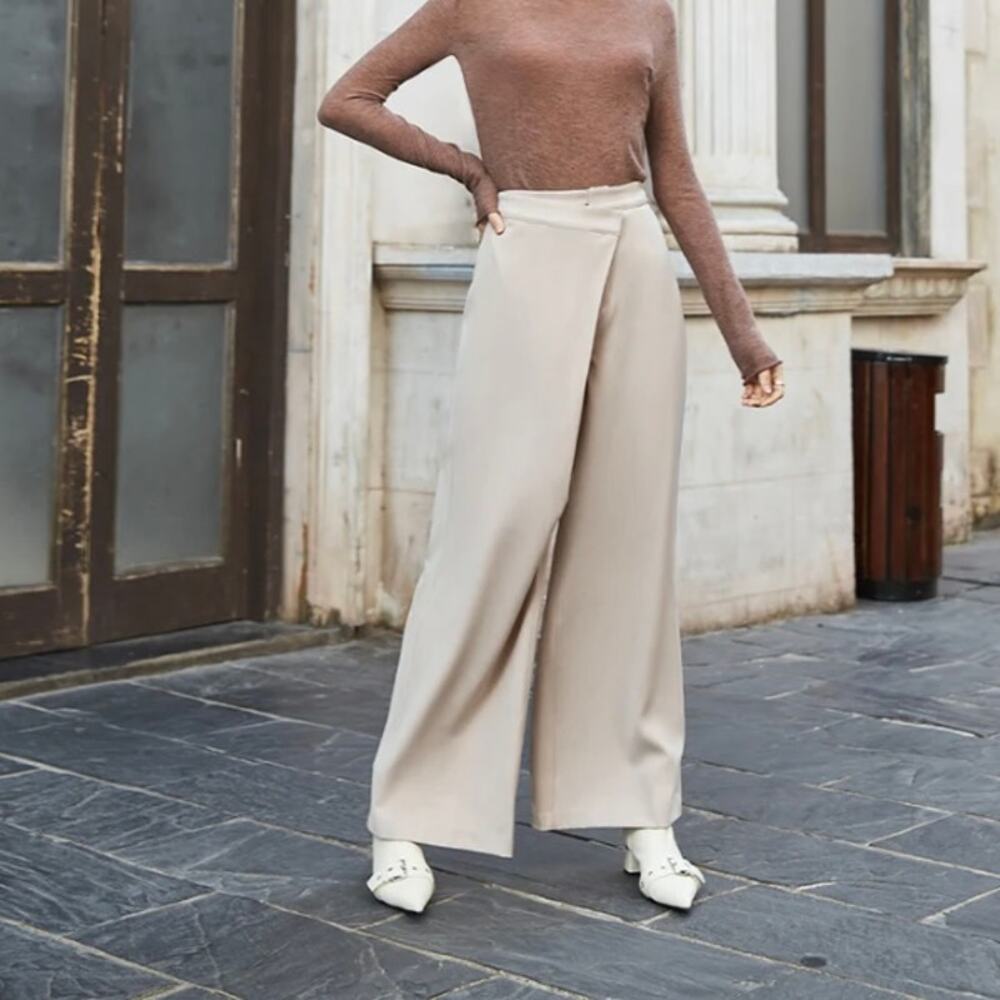 AEL Amy Enjoy Life Pants Womens S Cream Irregular High-waisted Wide-leg Trousers